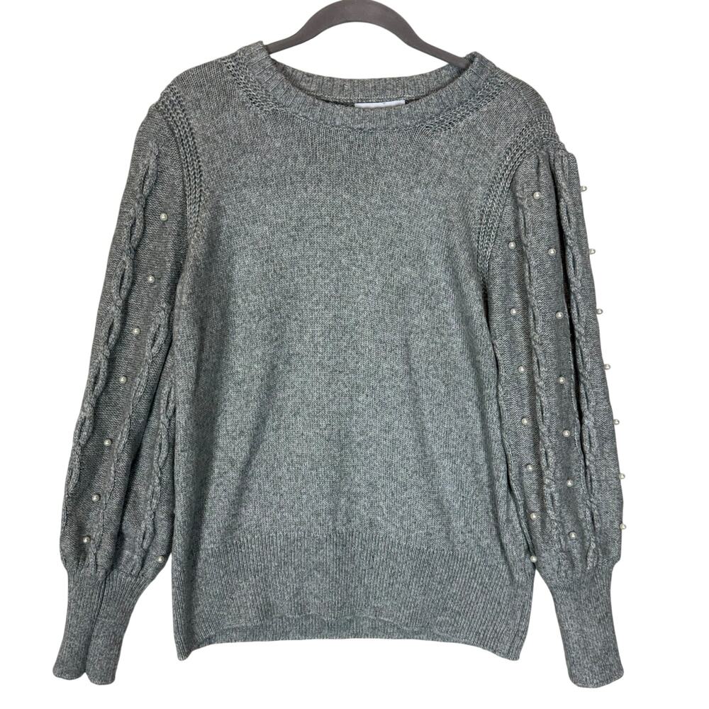 Vintage Liz Claiborne Sweater Womens Large Gray‎ Beaded Pull Sleeve Ribbed Hem